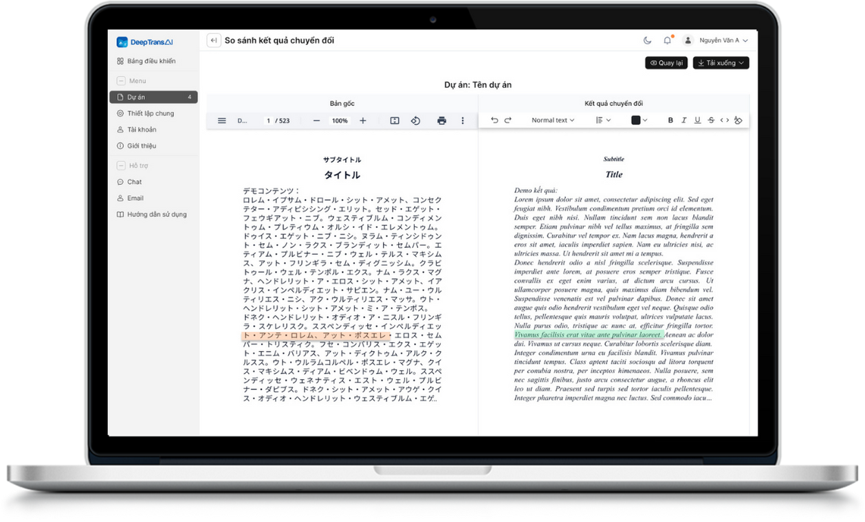 Giao diện chi tiết phần mềm DeepTransAI